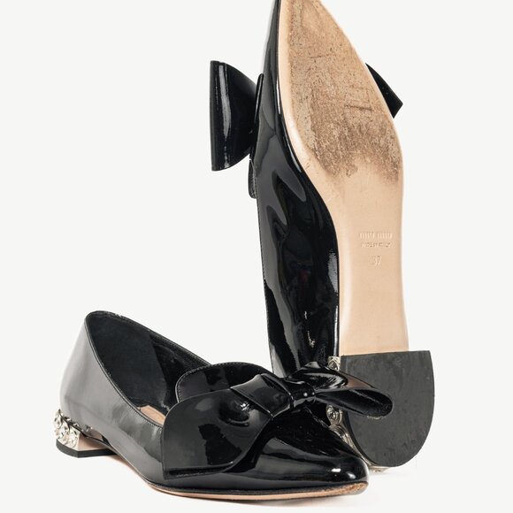 Miu Miu Black Patent Jewel-Heel Bow Pointed-Toe Flats - Picture 5 of 11